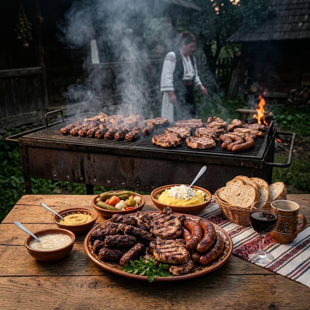 Grătar tradițional românesc cu mici și carne la eveniment