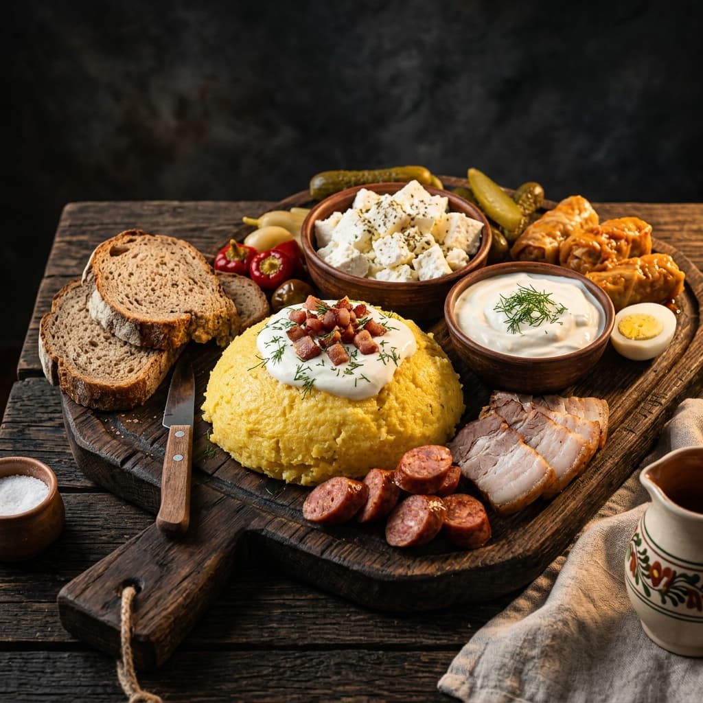 Platou tradițional cu mămăligă, brânză de oaie și pâine de casă
